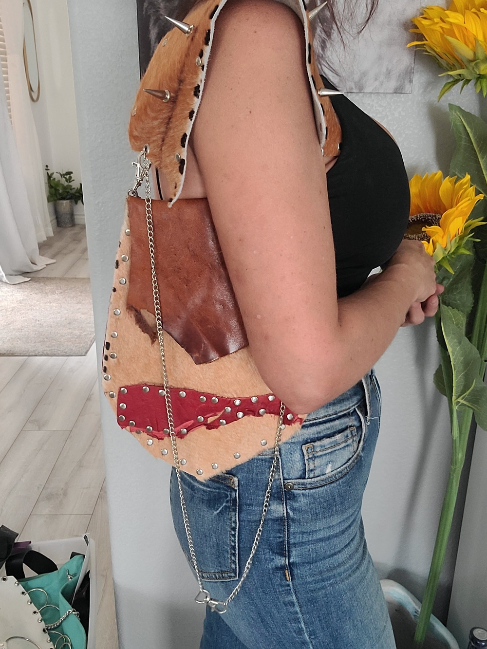 Leather Hip Pouch Belt with Spikes and Red Accent - Picture 3 of 9